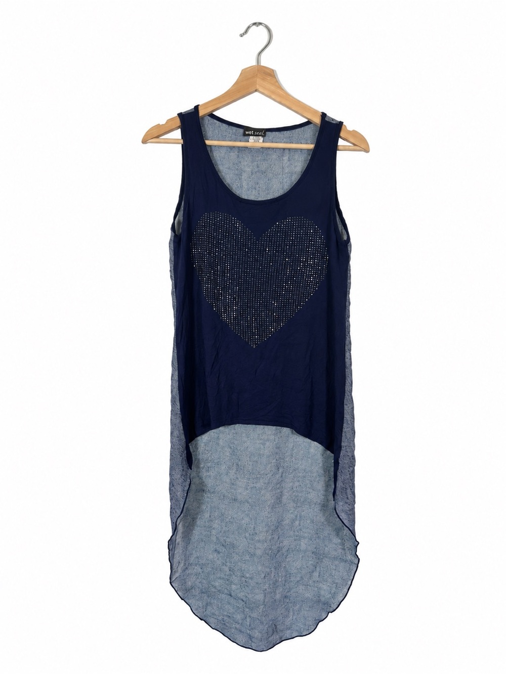 Wet Seal Women's High-Low Tank Top Rhinestone Semi Sheer Sz S Navy Y2K Festival